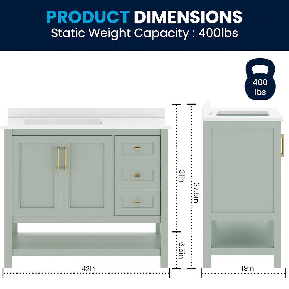 42in Bathroom Vanity with Storage Drawers and Sink Combo, Sage Frame