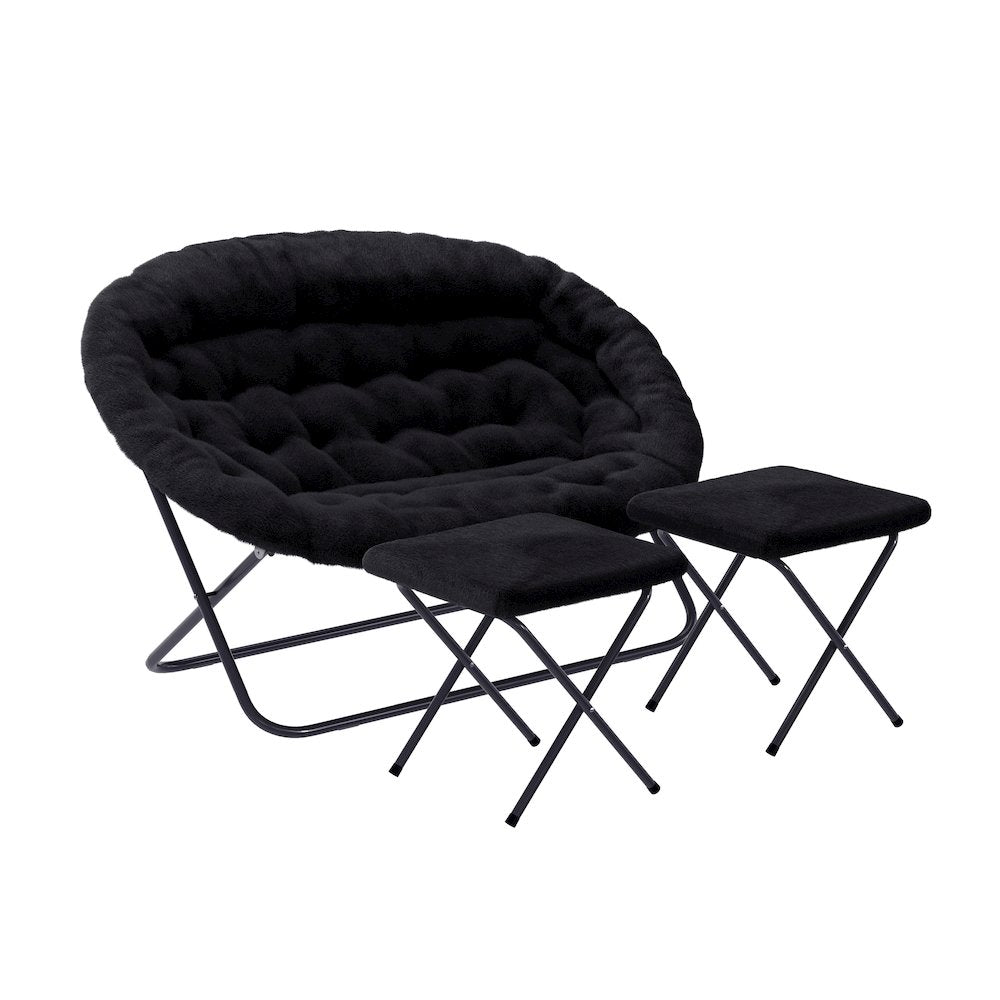 Contemporary Double Saucer Chair with 2 Ottomans, Black Fabric/Black Frame