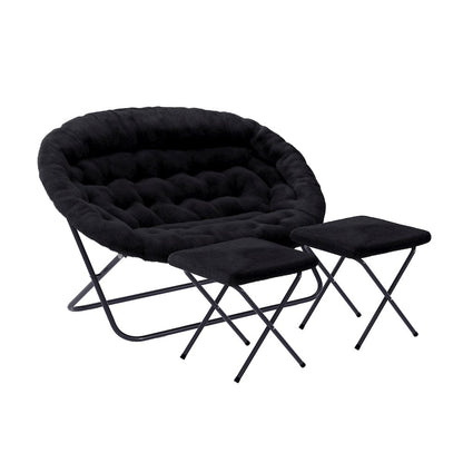 Contemporary Double Saucer Chair with 2 Ottomans, Black Fabric/Black Frame