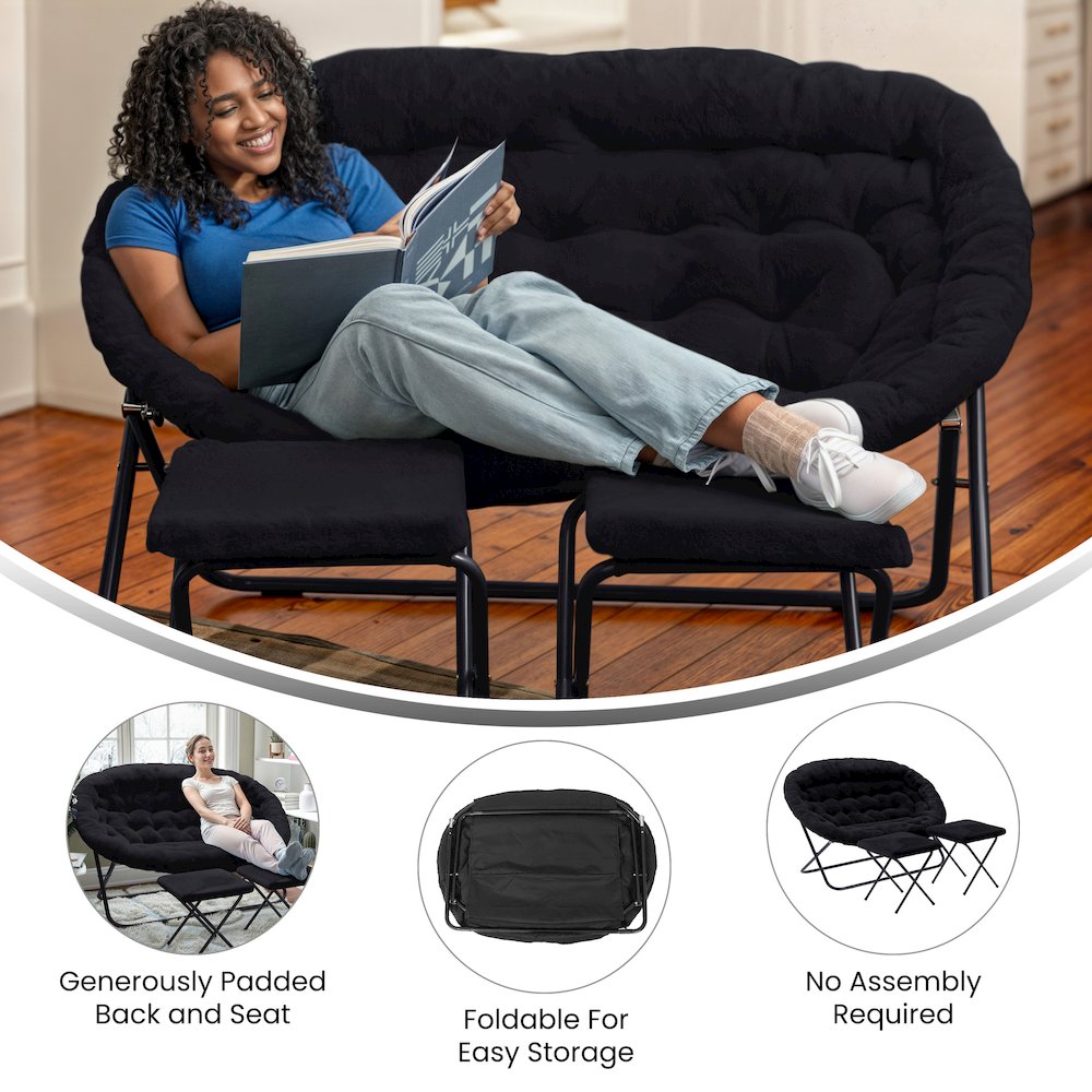 Contemporary Double Saucer Chair with 2 Ottomans, Black Fabric/Black Frame