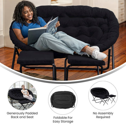Contemporary Double Saucer Chair with 2 Ottomans, Black Fabric/Black Frame