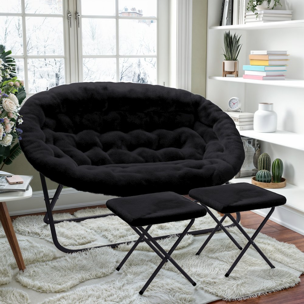 Contemporary Double Saucer Chair with 2 Ottomans, Black Fabric/Black Frame
