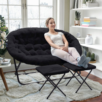 Contemporary Double Saucer Chair with 2 Ottomans, Black Fabric/Black Frame