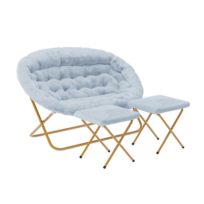 Contemporary Double Saucer Chair with 2 Ottomans, Aqua Fabric/Soft Gold Frame