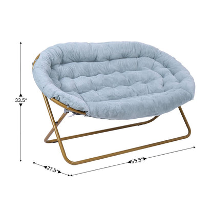Contemporary Double Saucer Chair with 2 Ottomans, Aqua Fabric/Soft Gold Frame