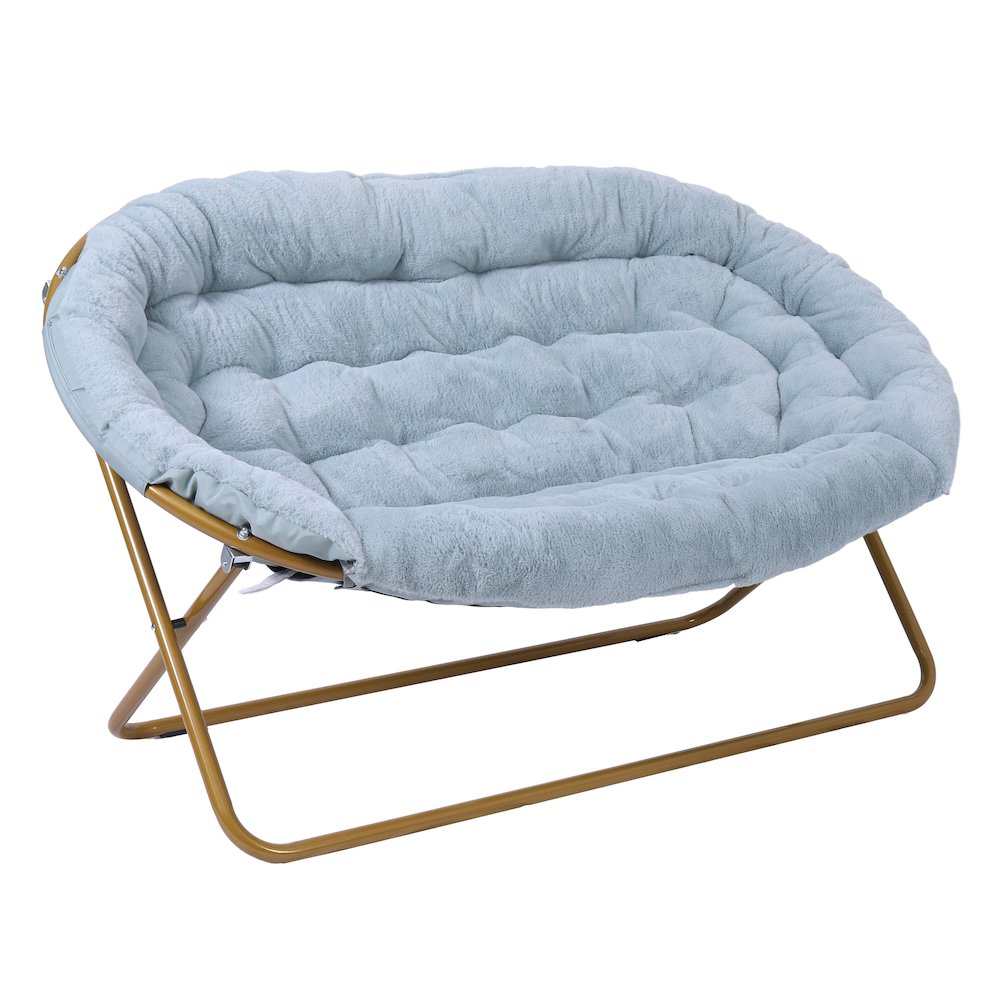 Contemporary Double Saucer Chair with 2 Ottomans, Aqua Fabric/Soft Gold Frame