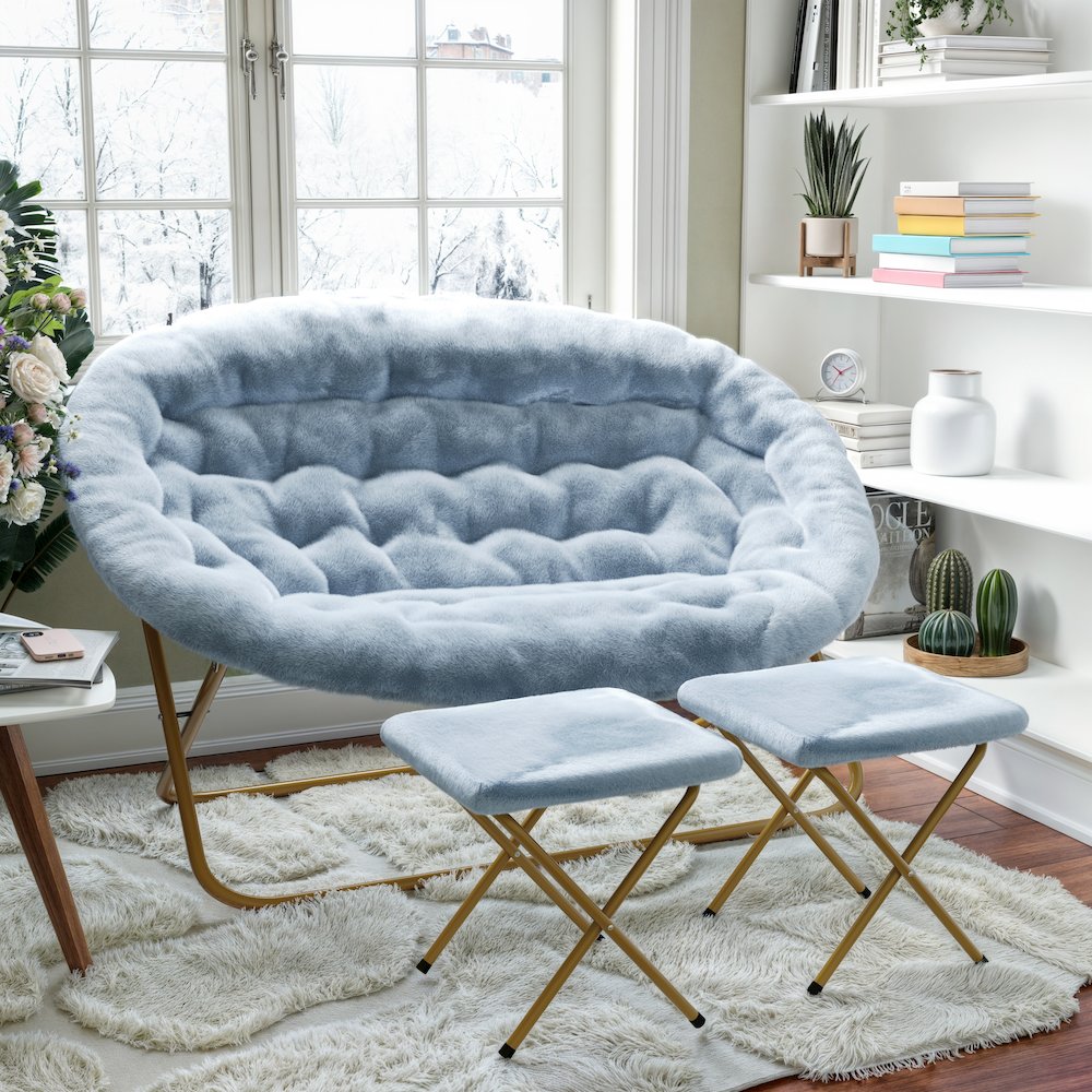 Contemporary Double Saucer Chair with 2 Ottomans, Aqua Fabric/Soft Gold Frame