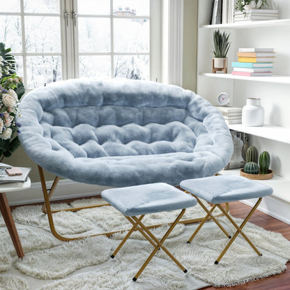 Contemporary Double Saucer Chair with 2 Ottomans, Aqua Fabric/Soft Gold Frame