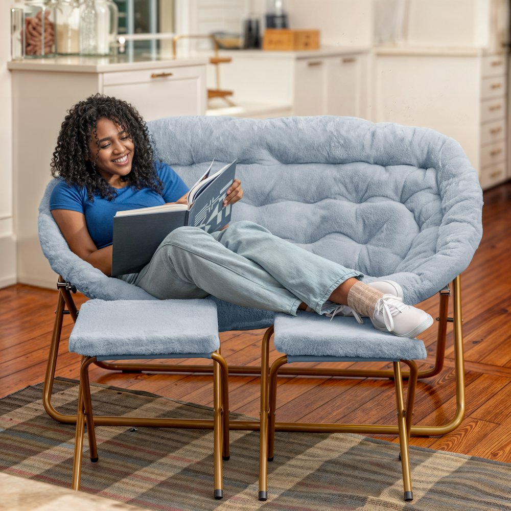 Contemporary Double Saucer Chair with 2 Ottomans, Aqua Fabric/Soft Gold Frame