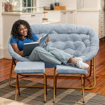 Contemporary Double Saucer Chair with 2 Ottomans, Aqua Fabric/Soft Gold Frame