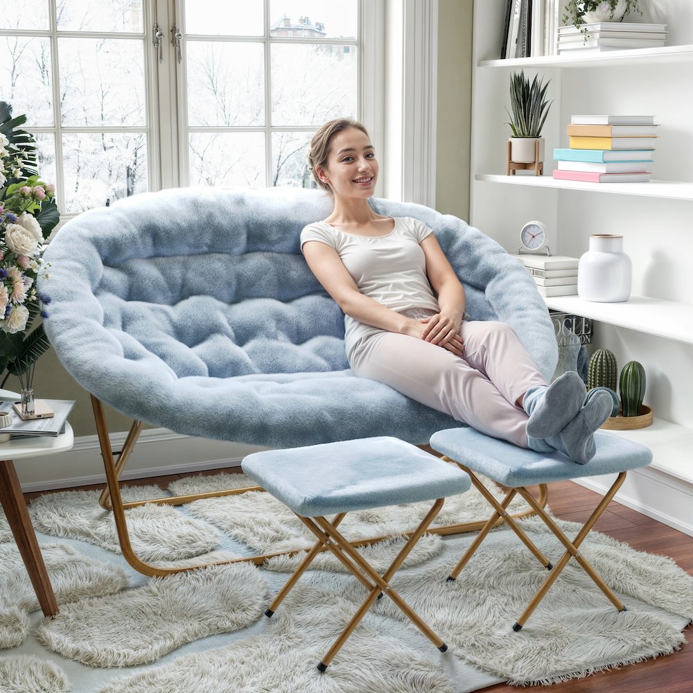 Contemporary Double Saucer Chair with 2 Ottomans, Aqua Fabric/Soft Gold Frame