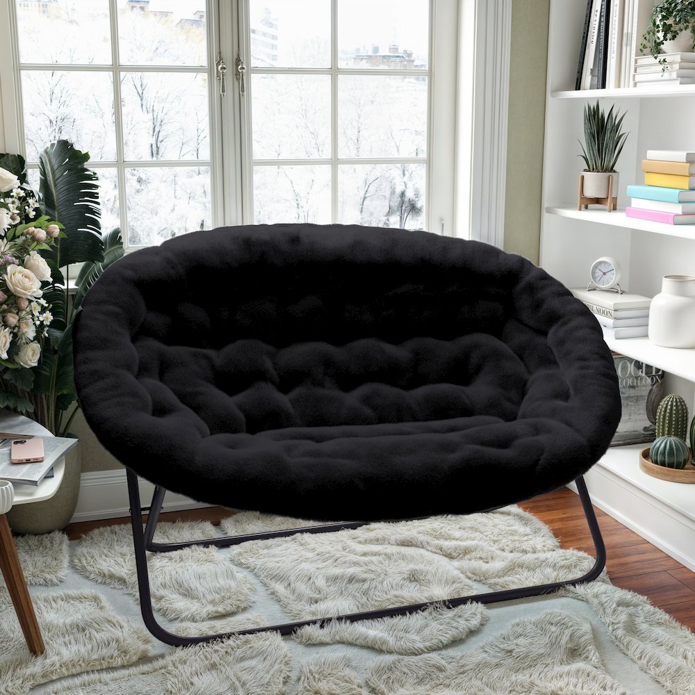 Contemporary Double Saucer Chair, Black Fabric/Black Frame