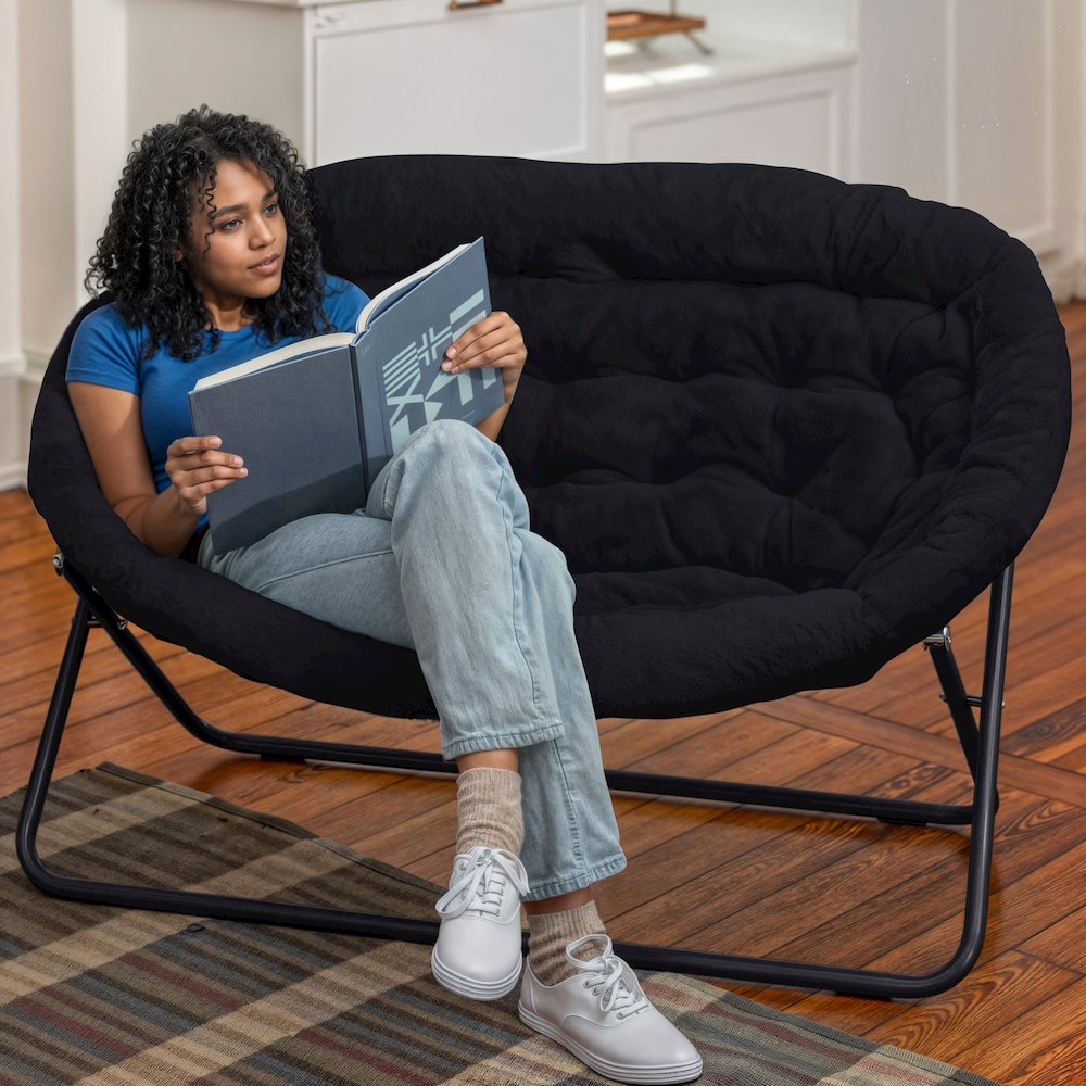 Contemporary Double Saucer Chair, Black Fabric/Black Frame