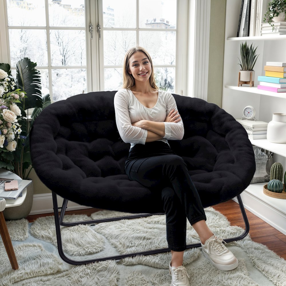 Contemporary Double Saucer Chair, Black Fabric/Black Frame