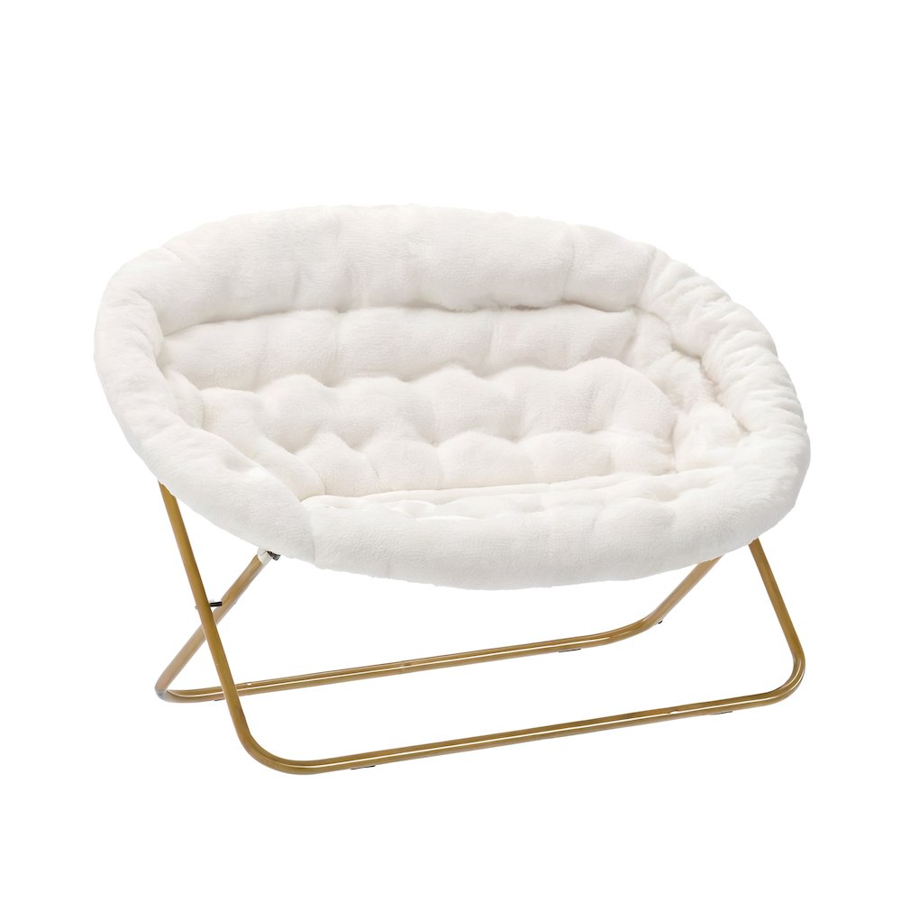 Contemporary Double Saucer Chair, Ivory Faux Shearling Fabric/Soft Gold Frame