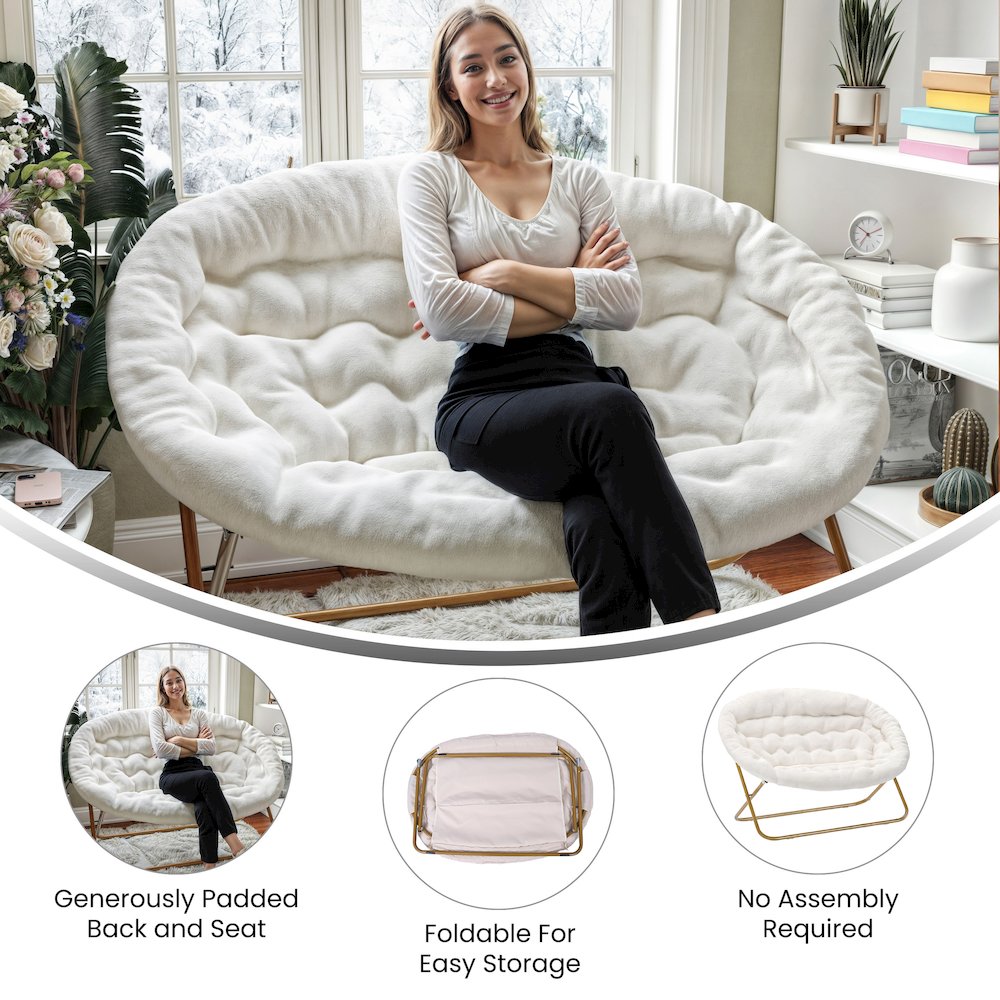 Contemporary Double Saucer Chair, Ivory Faux Shearling Fabric/Soft Gold Frame