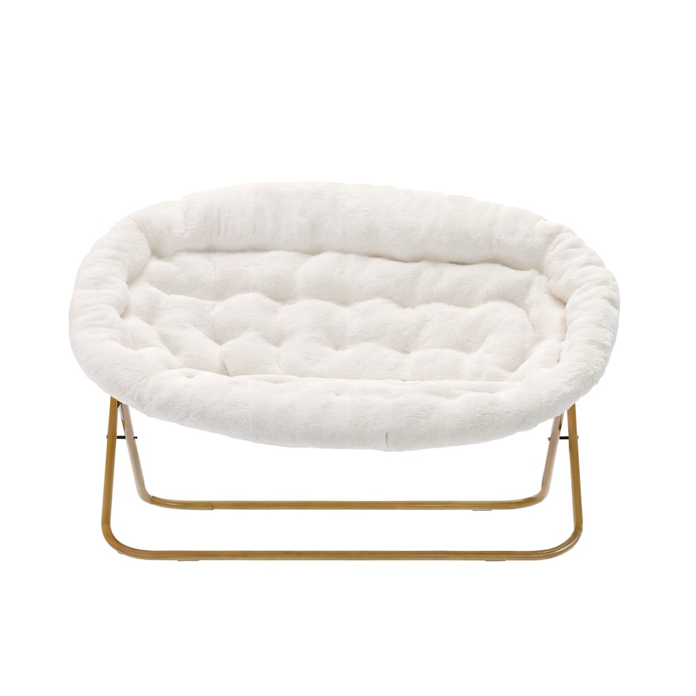 Contemporary Double Saucer Chair, Ivory Faux Shearling Fabric/Soft Gold Frame