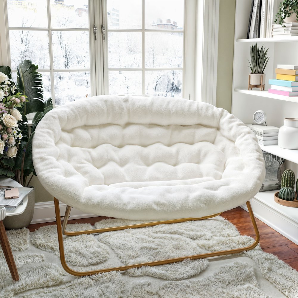 Contemporary Double Saucer Chair, Ivory Faux Shearling Fabric/Soft Gold Frame