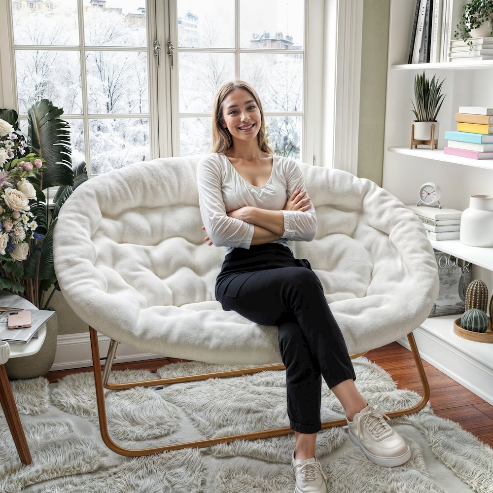 Contemporary Double Saucer Chair, Ivory Faux Shearling Fabric/Soft Gold Frame