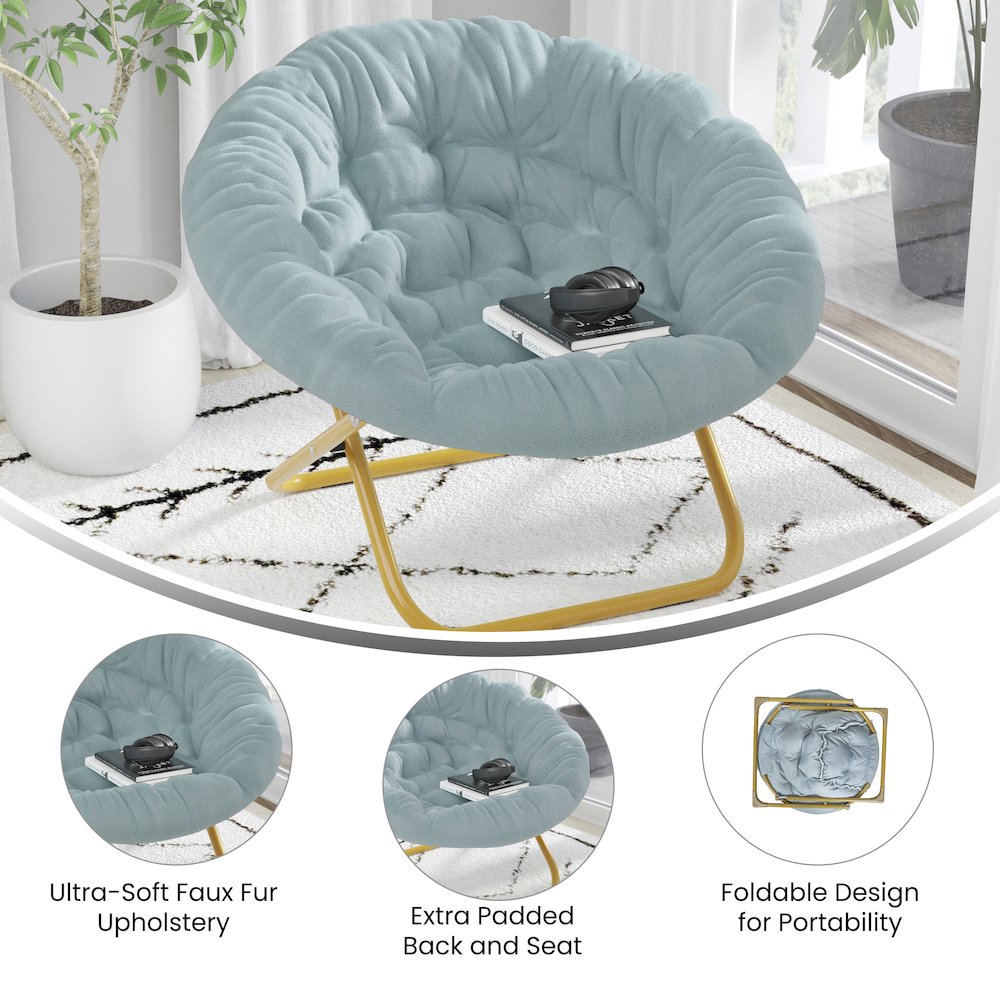 38" Portable Folding Saucer Moon Chair, Dusty Aqua Faux Fur/Soft Gold Frame