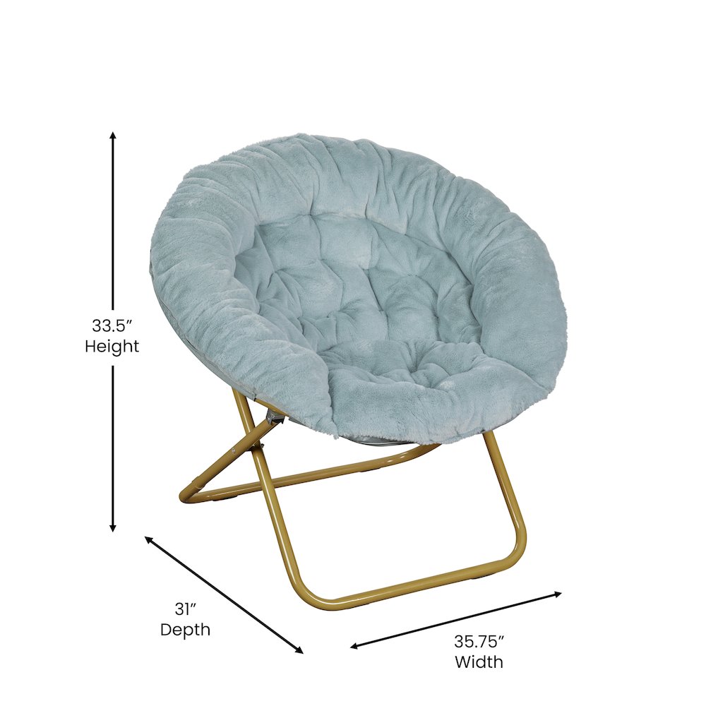 38" Portable Folding Saucer Moon Chair, Dusty Aqua Faux Fur/Soft Gold Frame