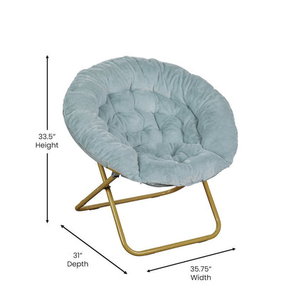 38" Portable Folding Saucer Moon Chair, Dusty Aqua Faux Fur/Soft Gold Frame