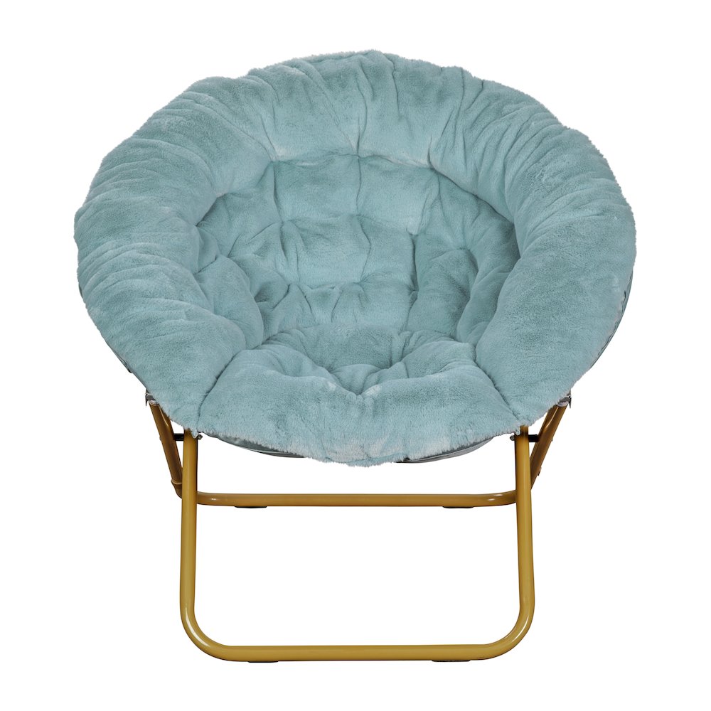 38" Portable Folding Saucer Moon Chair, Dusty Aqua Faux Fur/Soft Gold Frame