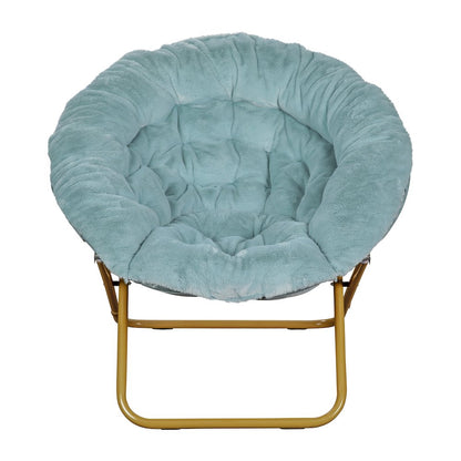 38" Portable Folding Saucer Moon Chair, Dusty Aqua Faux Fur/Soft Gold Frame