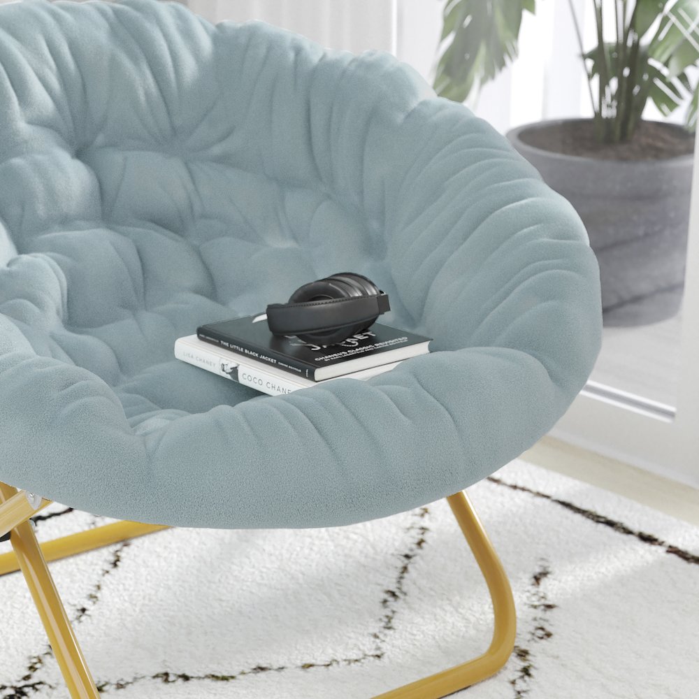 38" Portable Folding Saucer Moon Chair, Dusty Aqua Faux Fur/Soft Gold Frame