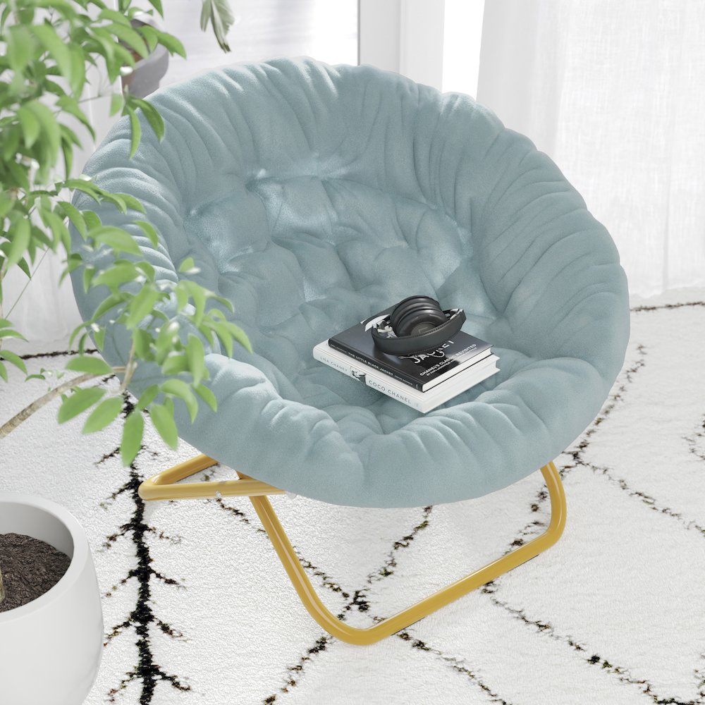 38" Portable Folding Saucer Moon Chair, Dusty Aqua Faux Fur/Soft Gold Frame