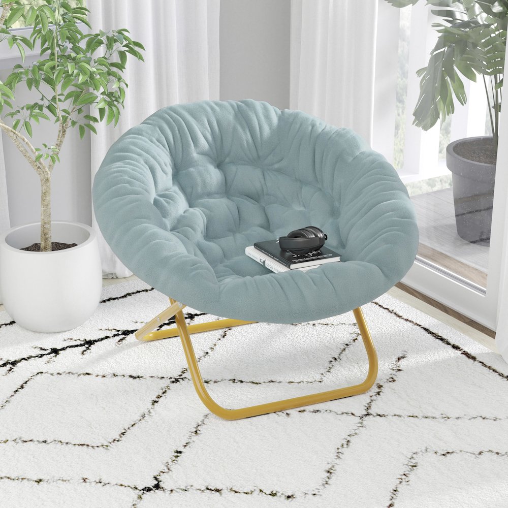 38" Portable Folding Saucer Moon Chair, Dusty Aqua Faux Fur/Soft Gold Frame