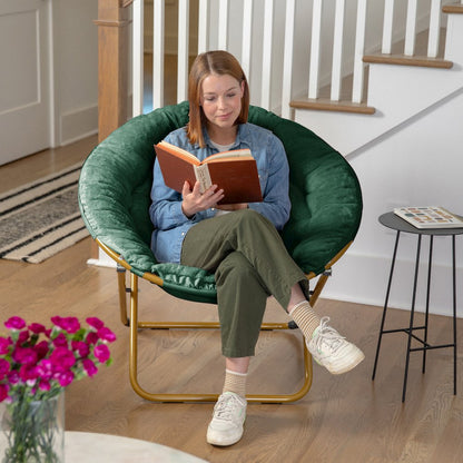 Contemporary Oversized Folding Saucer Chair, Emerald Fabric/ Soft Gold Frame