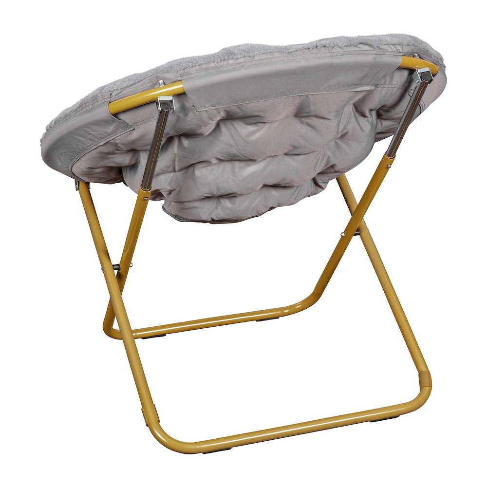 38" Portable Faux Fur Folding Saucer Moon Chair, Gray Faux Fur/Soft Gold Frame