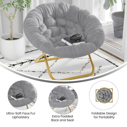 38" Portable Faux Fur Folding Saucer Moon Chair, Gray Faux Fur/Soft Gold Frame