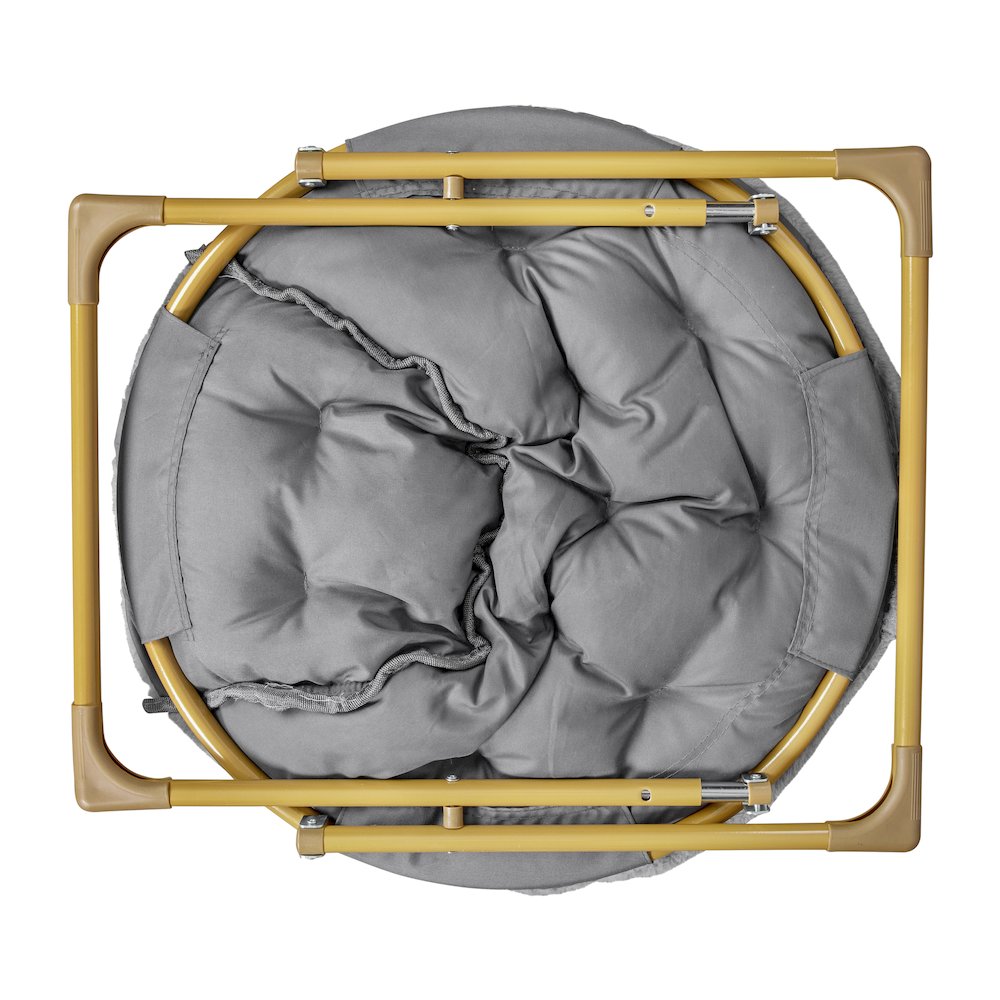 38" Portable Faux Fur Folding Saucer Moon Chair, Gray Faux Fur/Soft Gold Frame
