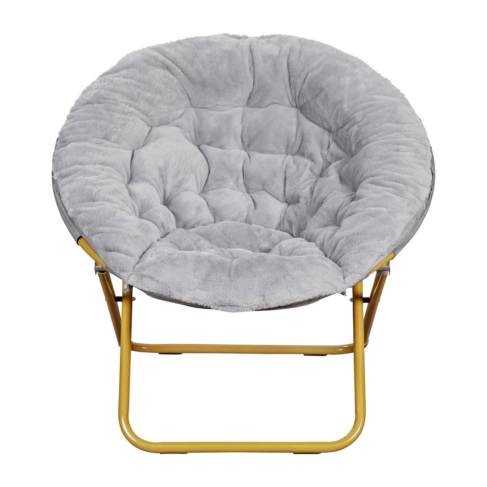 38" Portable Faux Fur Folding Saucer Moon Chair, Gray Faux Fur/Soft Gold Frame