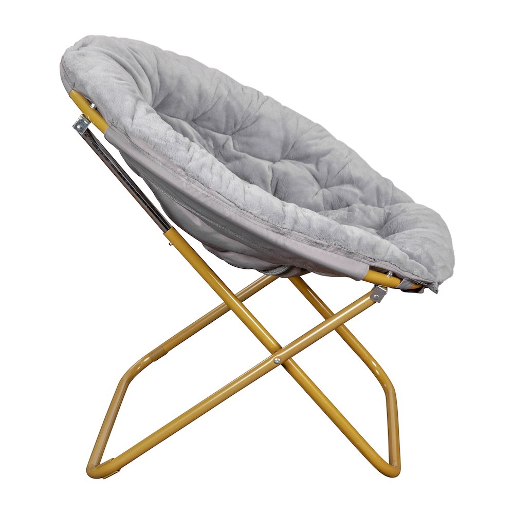 38" Portable Faux Fur Folding Saucer Moon Chair, Gray Faux Fur/Soft Gold Frame