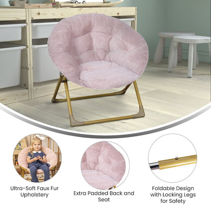 23" Kids Cozy Mini Folding Saucer Chair, Moon Chair, Blush/Soft Gold