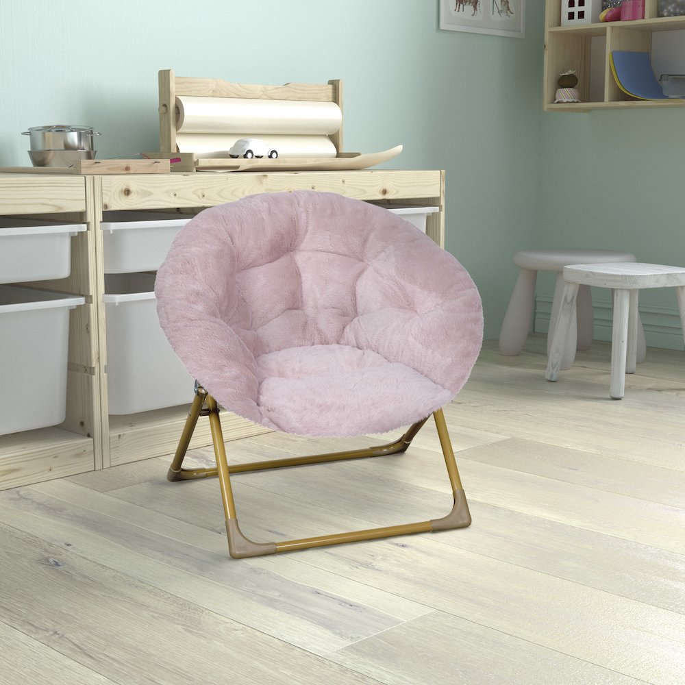 23" Kids Cozy Mini Folding Saucer Chair, Moon Chair, Blush/Soft Gold