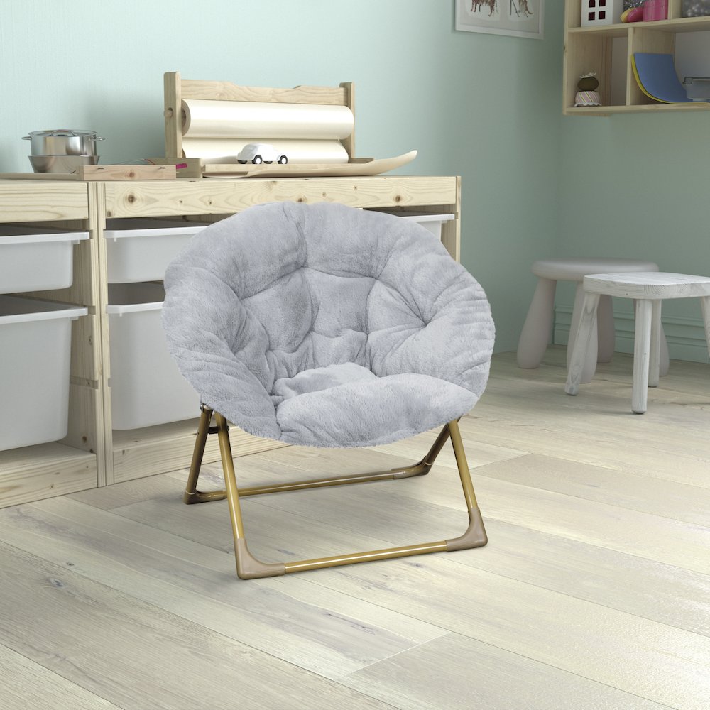 23" Kids Cozy Mini Folding Saucer Chair, Moon Chair, Gray/Soft Gold
