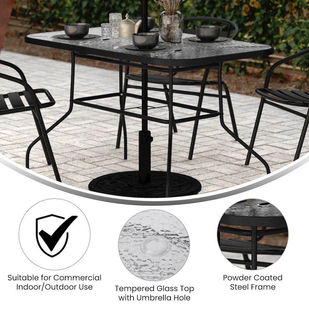 Rectangular Glass Patio Table With Seating for 4, Clear Top/Black Frame