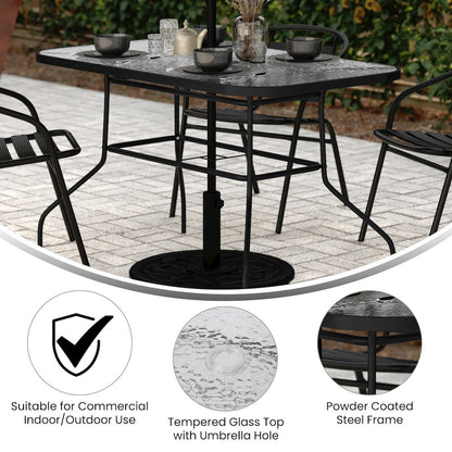 Rectangular Glass Patio Table With Seating for 4, Clear Top/Black Frame