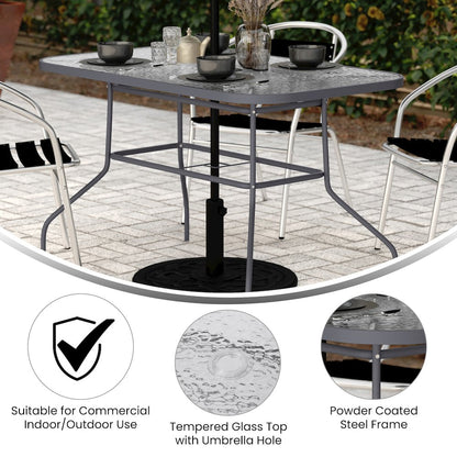 Rectangular Glass Patio Table With Seating for 4, Clear Top/Silver Frame
