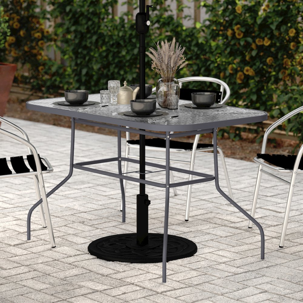 Rectangular Glass Patio Table With Seating for 4, Clear Top/Silver Frame