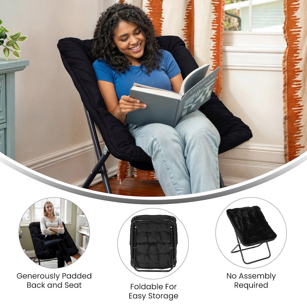 Contemporary Oversized Folding Saucer Chair, Black Fabric/Black Frame