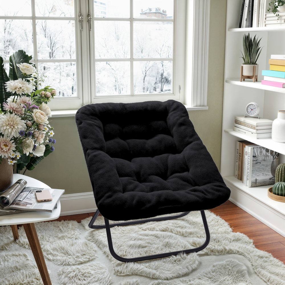Contemporary Oversized Folding Saucer Chair, Black Fabric/Black Frame