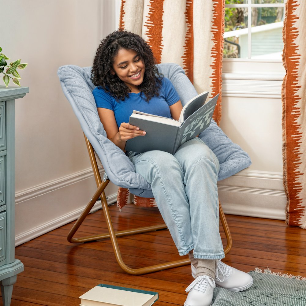 Contemporary Oversized Folding Saucer Chair, Aqua Fabric/Soft Gold Frame