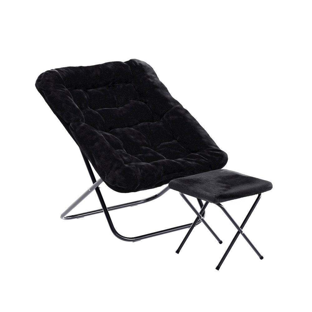 Oversized Folding Saucer Chair with Ottoman, Black Fabric/Black Frame