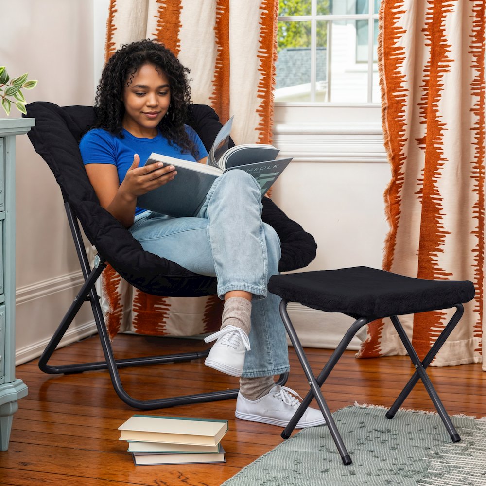 Oversized Folding Saucer Chair with Ottoman, Black Fabric/Black Frame