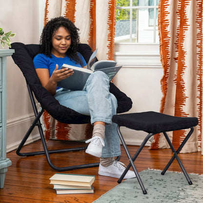 Oversized Folding Saucer Chair with Ottoman, Black Fabric/Black Frame